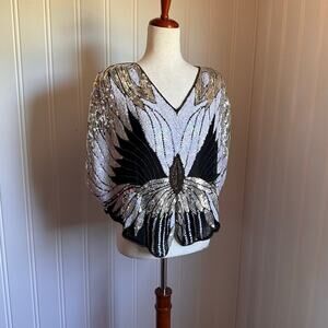 Vintage 70s Disco Silk Beaded Sequin Butterfly Top OS